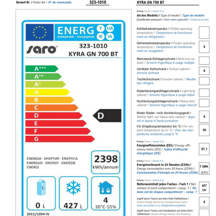 Saro Commercial Fridge 2/1 GN Kyra GN 700 BT 685L 3 ans de garantie du fabricant!