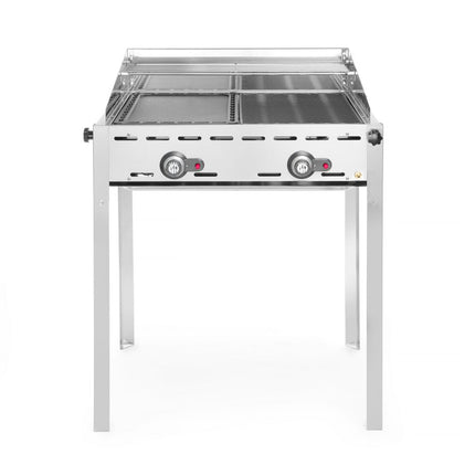 HENDI Grillsystem Green Fire mit 2 Brennern – Profi Line – Emaillierte Grillplatte und Grillrost aus Gusseisen GN 1 / 1 – 11.6 kW – 740 × 615 × 825 mm – Produktansicht