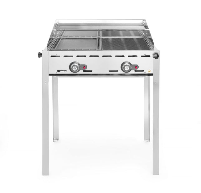 HENDI Grillsystem Green Fire mit 2 Brennern – Profi Line – Emaillierte Grillplatte und Grillrost aus Gusseisen GN 1 / 1 – 11.6 kW – 740 × 615 × 825 mm – Produktansicht
