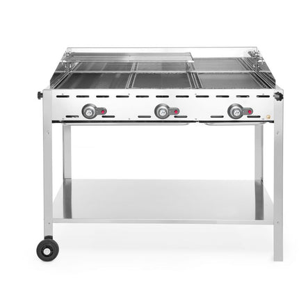 HENDI Grillsystem Green Fire mit 3 Brennern – Profi Line – Ausgestattet mit einem unteren Regal und Rädern – 17.4 kW – 1078 × 612 × 825 mm – Produktansicht