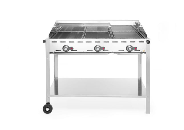 HENDI Grillsystem Green Fire mit 3 Brennern – Profi Line – Ausgestattet mit einem unteren Regal und Rädern – 17.4 kW – 1078 × 612 × 825 mm – Produktansicht