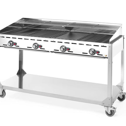 HENDI Grillsystem Green Fire mit 4 Brennern – Profi Line – mit Rollengestell – Hellgrau – 22 kW – 1400 × 612 × 825 mm – weitere Produktansicht