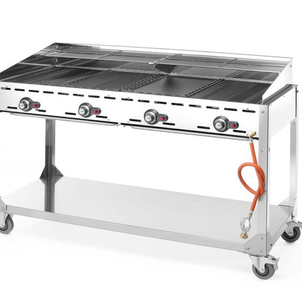 HENDI Grillsystem Green Fire mit 4 Brennern – Profi Line – mit Rollengestell – Hellgrau – 22 kW – 1400 × 612 × 825 mm – weitere Produktansicht