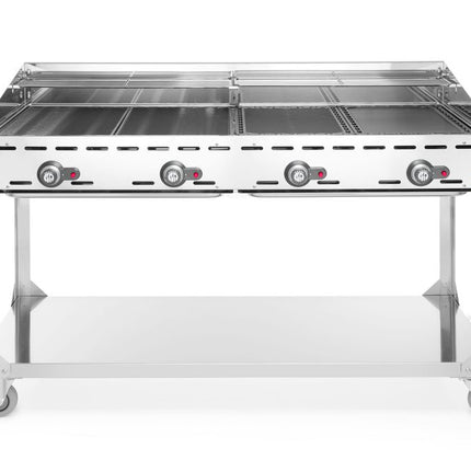 HENDI Grillsystem Green Fire mit 4 Brennern – Profi Line – mit Rollengestell – Hellgrau – 22 kW – 1400 × 612 × 825 mm – Produktansicht
