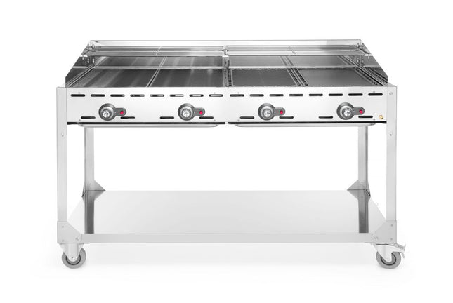 HENDI Grillsystem Green Fire mit 4 Brennern – Profi Line – mit Rollengestell – Hellgrau – 22 kW – 1400 × 612 × 825 mm – Produktansicht