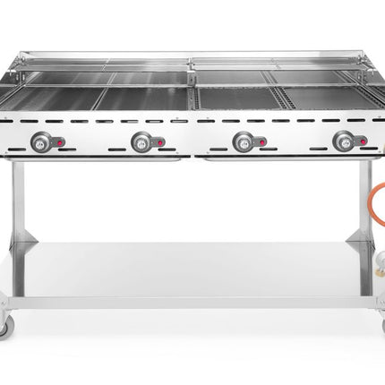 HENDI Grillsystem Green Fire mit 4 Brennern – Profi Line – mit Rollengestell – Hellgrau – 22 kW – 1400 × 612 × 825 mm – weitere Produktansicht