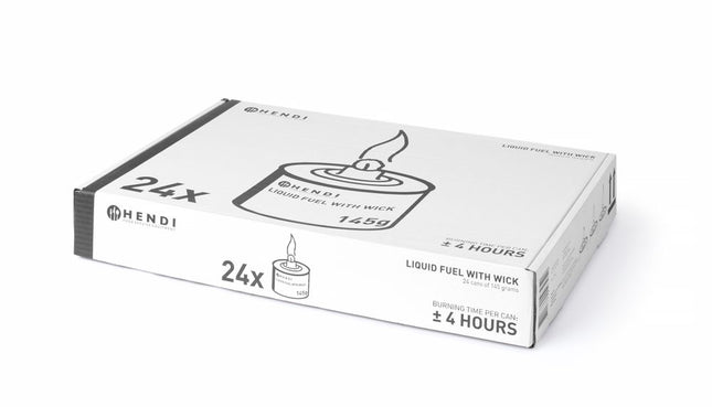 HENDI Flüssigbrennstoff mit Docht – Brenndauer ± 6 Stunden – 24 Stück (4 × 6) – Produktansicht
