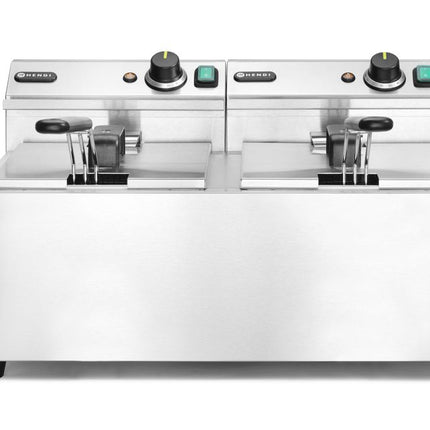 HENDI Fritteuse Profi Line – 2×8 l – Profi Line – 16 l – 230 V / 7000 W – 605 × 460 × 369 mm – Produktansicht