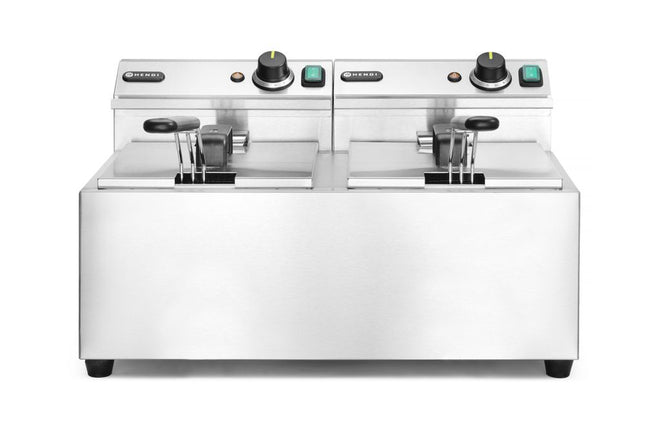 HENDI Fritteuse Profi Line – 2×8 l – Profi Line – 16 l – 230 V / 7000 W – 605 × 460 × 369 mm – Produktansicht