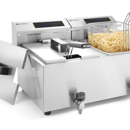 HENDI Friteuse Profi Line digital- mit Ablasshahn 2 × 8 l – Profi Line – 16 l – 230 V / 7000 W – 605 × 515 × 350 mm – weitere Produktansicht
