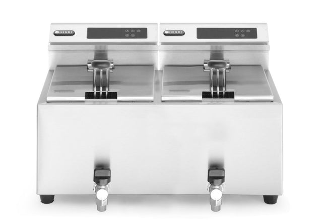 HENDI Friteuse Profi Line digital- mit Ablasshahn 2 × 8 l – Profi Line – 16 l – 230 V / 7000 W – 605 × 515 × 350 mm – Produktansicht