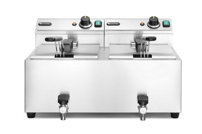 HENDI Fritteuse Profi Line mit Ablasshahn – 2×8 l – Profi Line – 16 l – 230 V / 7000 W – 610 × 515 × 369 mm – Produktansicht