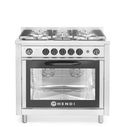 HENDI Gasherd - 5 Kochfelder mit Elektroofen – Kitchen Line – Silber – 230 V / 2900 W – 14.3 kW – 900 × 653 × 900 mm – Produktansicht