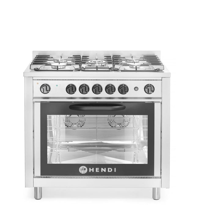 HENDI Gasherd - 5 Kochfelder mit Elektroofen – Kitchen Line – Silber – 230 V / 2900 W – 14.3 kW – 900 × 653 × 900 mm – Produktansicht