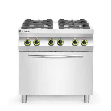 HENDI Gasherd 4-flammig mit Ofen GN 1 / 1 – Kitchen Line – 230 V / 3000 W – 19 kW – 800 × 722 × 900 mm – Produktansicht