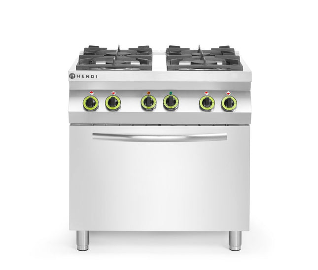 HENDI Gasherd 4-flammig mit Ofen GN 1 / 1 – Kitchen Line – 230 V / 3000 W – 19 kW – 800 × 722 × 900 mm – Produktansicht