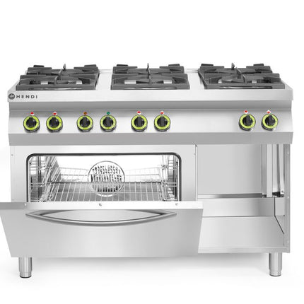 HENDI Gasherd Kitchen Line 6-flammig mit Ofen GN 1 / 1 – Kitchen Line – 230 V / 3000 W – 28.5 kW – 1200 × 722 × 900 mm – weitere Produktansicht