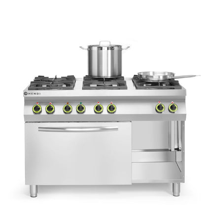 HENDI Gasherd Kitchen Line 6-flammig mit Ofen GN 1 / 1 – Kitchen Line – 230 V / 3000 W – 28.5 kW – 1200 × 722 × 900 mm – weitere Produktansicht