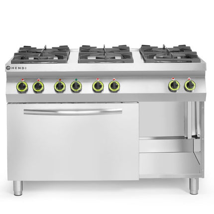 HENDI Gasherd Kitchen Line 6-flammig mit Ofen GN 1 / 1 – Kitchen Line – 230 V / 3000 W – 28.5 kW – 1200 × 722 × 900 mm – Produktansicht