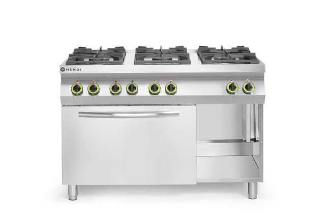 HENDI Gasherd Kitchen Line 6-flammig mit Ofen GN 1 / 1 – Kitchen Line – 230 V / 3000 W – 28.5 kW – 1200 × 722 × 900 mm – Produktansicht
