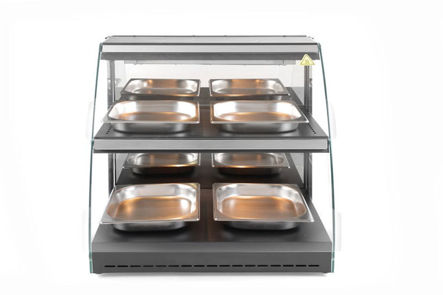 HENDI Warmhaltevitrine mit Quarzheizung – 2 Regalböden – 230 V / 560 W – 650 × 485 × 630 mm – Produktansicht