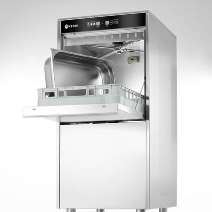 HENDI Geschirrspüler 50 × 60 für Tabletts und Töpfe – elektronisch gesteuert – mit Waschmitteldosiersystem und Ablaufpumpe – Kitchen Line – 400 V / 7100 W – 595 × 777 × 1335 mm – w