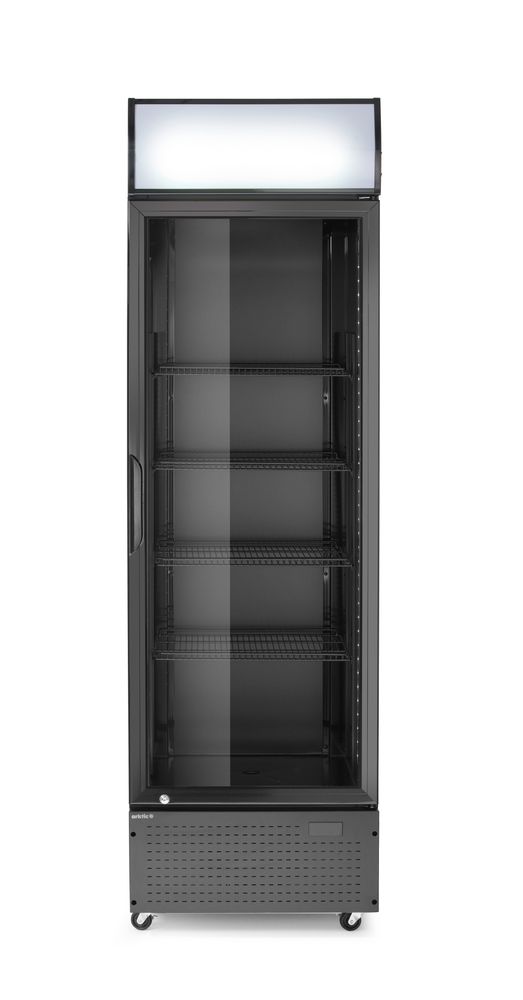 Arktic Eintüriger Kühlschrank mit hinterer Bar und hinterleuchteter Blende – 254 l – 230 V / 250 W – Schwarz – 605 × 578 × H 1980 mm – Produktansicht