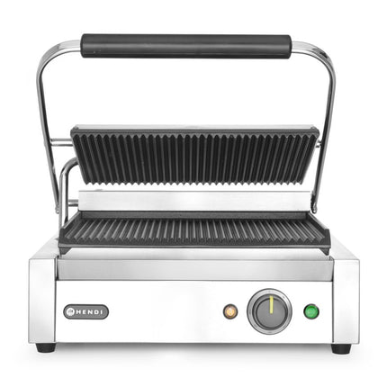 HENDI Kontaktgrill Panini – Silber – 220-240 V / 2200 W – 430 × 375 × 216 mm – Produktansicht