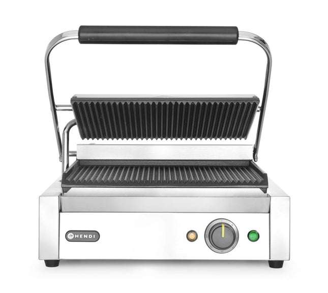HENDI Kontaktgrill Panini – Silber – 220-240 V / 2200 W – 430 × 375 × 216 mm – Produktansicht