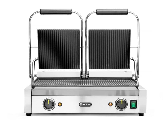 HENDI Kontaktgrill - Doppelversion – gerillte Ausführung – oben und unten gerillt – 230 V / 3600 W – 570 × 375 × 216 mm – Produktansicht
