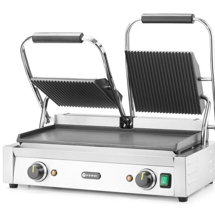 HENDI Kontaktgrill - Doppelversion – oben gerillt – unten glatt – 230 V / 3600 W – 570 × 375 × 216 mm – weitere Produktansicht