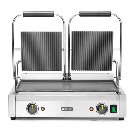 HENDI Kontaktgrill - Doppelversion – oben gerillt – unten glatt – 230 V / 3600 W – 570 × 375 × 216 mm – Produktansicht