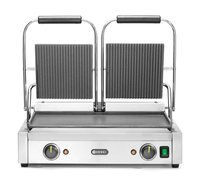 HENDI Kontaktgrill - Doppelversion – oben gerillt – unten glatt – 230 V / 3600 W – 570 × 375 × 216 mm – Produktansicht