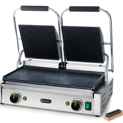 HENDI Kontaktgrill - Doppelversion – oben gerillt – unten glatt – 230 V / 3600 W – 570 × 375 × 216 mm – weitere Produktansicht