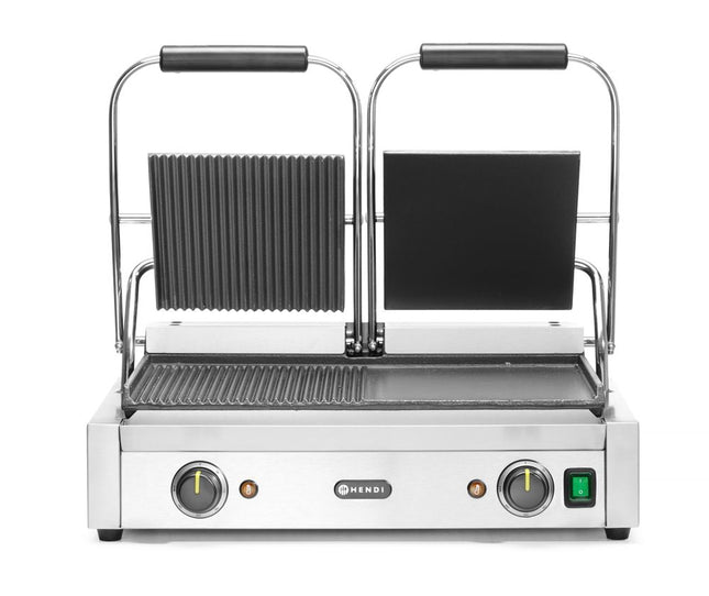 HENDI Kontaktgrill - Doppelversion – halb glatt – halb gerillt – 230 V / 3600 W – 570 × 375 × 216 mm – Produktansicht