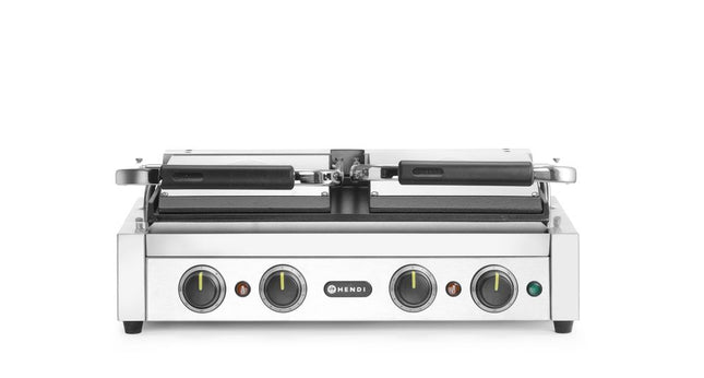 HENDI Kontaktgrill –  Doppelgrill mit Timer – 220-240 V / 3600 W – Silber – 570 × 375 × H 216 mm  – Produktansicht