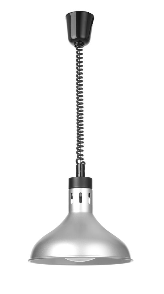 HENDI Höhenverstellbare Wärmelampe –  glockenförmig – 230 V / 250 W – Silber – Ø 295 × H 207 mm – Produktansicht