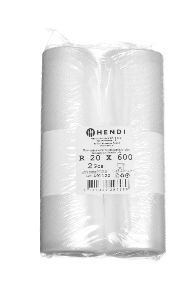 HENDI Geprägte Vakuumbeutelrolle für die Aufbewahrung von Lebensmitteln – 6000 × 200 mm – 2 Rollen – Produktansicht