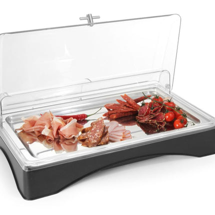 HENDI Rolltop-Display gekühlt - GN 1 / 1 – Set inkl. Kühlelement – 555 × 357 × 175 mm – geöffnet