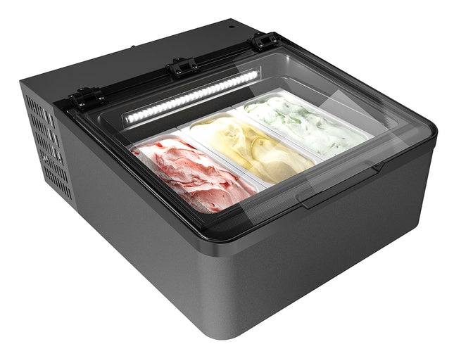 NordCap Auftisch-Eisvitrine MINI CREAM 3V LED GRAU für 3 x 5 l Eisschalen