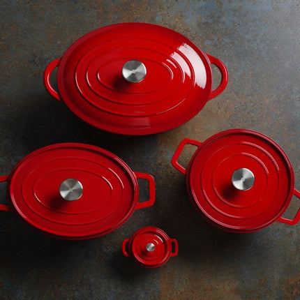 HENDI Emaillierter Gusseisentopf – 3 – 7 l – Rund – Rot – 317 × 240 × H 105 mm – Detailansicht 2