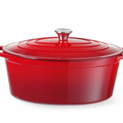 HENDI Emaillierter Gusseisentopf – 6 – 88 l – Oval – Rot – 405 × 255 × H 134 mm – Produktansicht