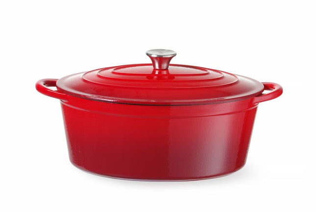 HENDI Emaillierter Gusseisentopf – 6 – 88 l – Oval – Rot – 405 × 255 × H 134 mm – Produktansicht