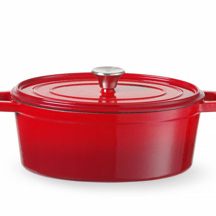 HENDI Emaillierter Gusseisentopf – 4 – 4 l – Oval – Rot – 365 × 220 × H 115 mm – Produktansicht
