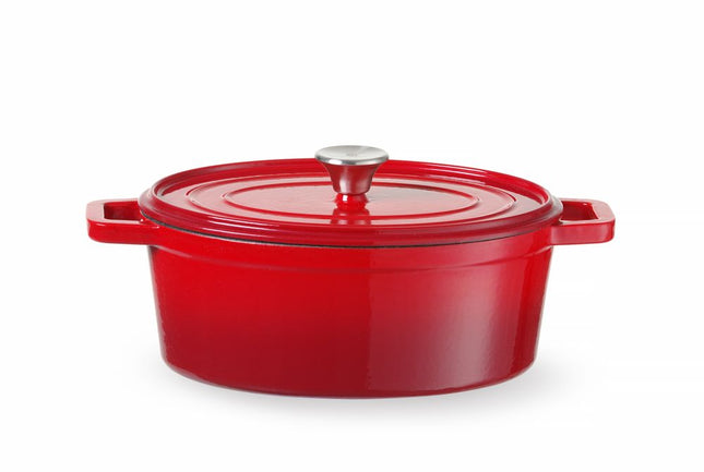 HENDI Emaillierter Gusseisentopf – 4 – 4 l – Oval – Rot – 365 × 220 × H 115 mm – Produktansicht