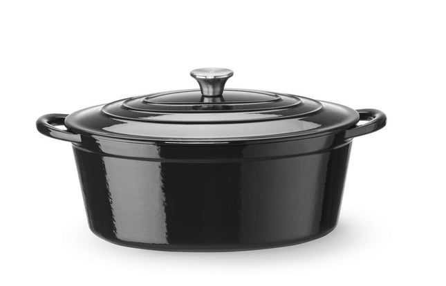 HENDI Emaillierter Gusseisentopf – 6 – 88 l – Oval – Schwarz – 405 × 255 × H 134 mm – Produktansicht