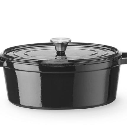 HENDI Emaillierter Gusseisentopf – 4 – 4 l – Oval – Schwarz – 365 × 220 × H 115 mm – Produktansicht