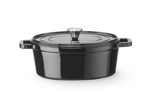 HENDI Emaillierter Gusseisentopf – 4 – 4 l – Oval – Schwarz – 365 × 220 × H 115 mm – Produktansicht
