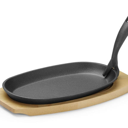 HENDI Gusseisenplatte mit Holzunterlage und Griff – Oval – Schwarz – 280 × 143 × H 33 mm – Weitere Produktansicht