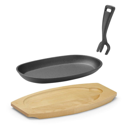 HENDI Gusseisenplatte mit Holzunterlage und Griff – Oval – Schwarz – 280 × 143 × H 33 mm – Detailansicht 2